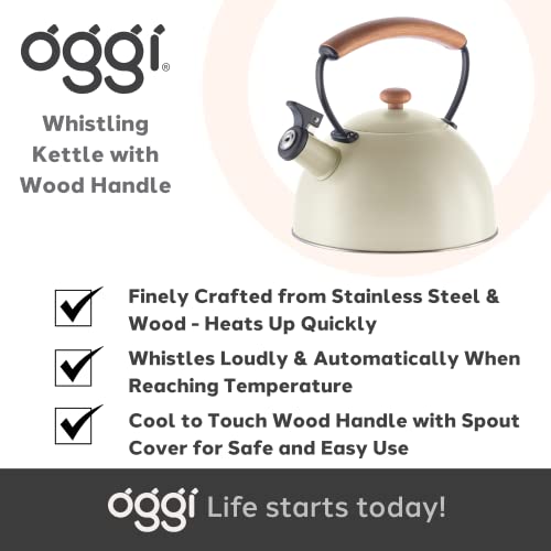 OGGI Tea Kettle for Stove Top - 85oz / 2.5lt, Stainless Steel Kettle with Loud Whistle & Stay-Cool Wood Handle, Ideal Hot Water Kettle and Water Boiler - Warm Gray