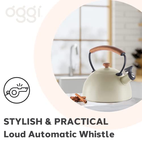 OGGI Tea Kettle for Stove Top - 85oz / 2.5lt, Stainless Steel Kettle with Loud Whistle & Stay-Cool Wood Handle, Ideal Hot Water Kettle and Water Boiler - Warm Gray