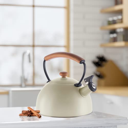 OGGI Tea Kettle for Stove Top - 85oz / 2.5lt, Stainless Steel Kettle with Loud Whistle & Stay-Cool Wood Handle, Ideal Hot Water Kettle and Water Boiler - Warm Gray