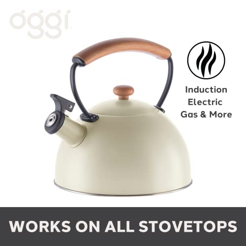 OGGI Tea Kettle for Stove Top - 85oz / 2.5lt, Stainless Steel Kettle with Loud Whistle & Stay-Cool Wood Handle, Ideal Hot Water Kettle and Water Boiler - Warm Gray