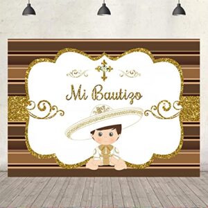 Mi Bautizo Baptism Backdrop,Mexican Hat Boy Gold Dots Brown Stripes Baby Shower Spanish Themed Party Decorations Supplies for Photography Background 5x3ft Banner Photo Booth