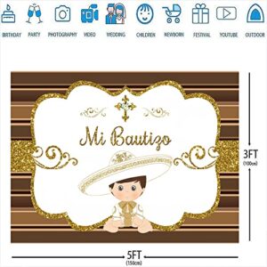 Mi Bautizo Baptism Backdrop,Mexican Hat Boy Gold Dots Brown Stripes Baby Shower Spanish Themed Party Decorations Supplies for Photography Background 5x3ft Banner Photo Booth