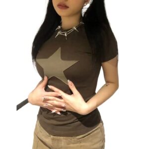 Women Y2K Star Print Crop Top Vintage Short Sleeve Slim Fit Shirt Fairy Grunge Graphic Top(YA-Brown,M)