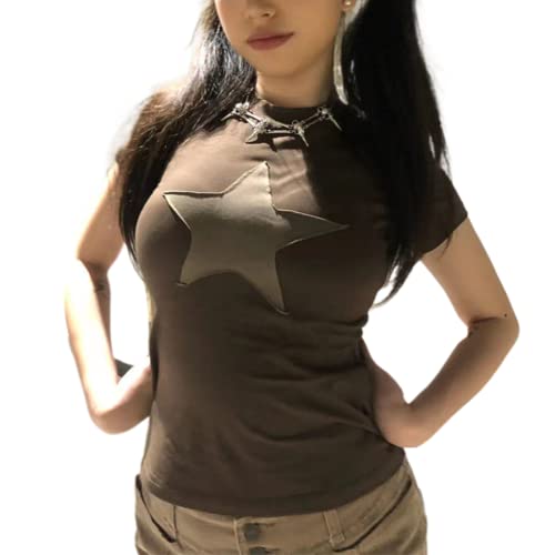 Women Y2K Star Print Crop Top Vintage Short Sleeve Slim Fit Shirt Fairy Grunge Graphic Top(YA-Brown,M)