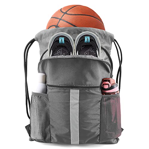 BeeGreen Grey Drawstring Backpack Bag with Shoe Compartment X-Large Black Gym Sports String Cinch Backpack Athletic Sackpack Mesh Water Bottle Holders for Women Men