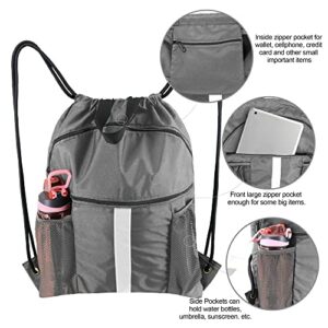 BeeGreen Grey Drawstring Backpack Bag with Shoe Compartment X-Large Black Gym Sports String Cinch Backpack Athletic Sackpack Mesh Water Bottle Holders for Women Men