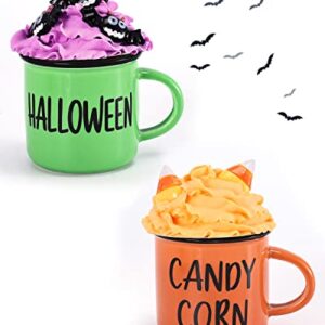 Halloween Mini Coffee Mugs with Faux Whipped Cream Mug Toppers Spider Candy Corn Mug Toppers Halloween Tiered Tray Decorations Novelty Halloween Witches Gift for Woman Coffee Table Centerpieces