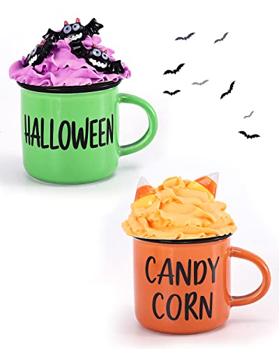 Halloween Mini Coffee Mugs with Faux Whipped Cream Mug Toppers Spider Candy Corn Mug Toppers Halloween Tiered Tray Decorations Novelty Halloween Witches Gift for Woman Coffee Table Centerpieces