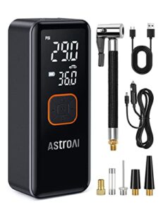 astroai tire inflator portable air compressor, cordless car tire pump with 6600 mah battery & dc cord, 150psi bike pump with dual values display for cars, motorcycles, balls, car accessories czk-3689
