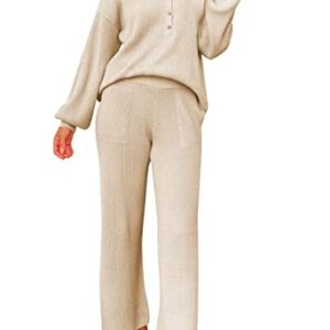 Pink Queen Women's 2 Piece Jogger Set Oversized Ribbed Knit Button Sweater Top Long Pants Tracksuit Pajama Set Beige XL