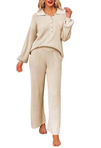 Pink Queen Women's 2 Piece Jogger Set Oversized Ribbed Knit Button Sweater Top Long Pants Tracksuit Pajama Set Beige XL