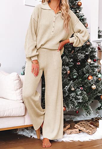 Pink Queen Women's 2 Piece Jogger Set Oversized Ribbed Knit Button Sweater Top Long Pants Tracksuit Pajama Set Beige XL