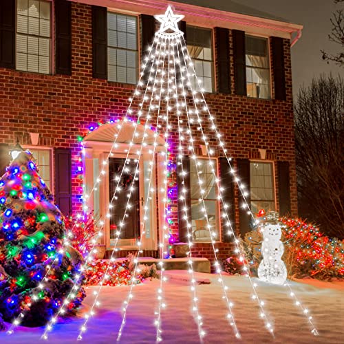 350 LED Christmas Decorations Star Light Outdoor Waterfall Lights Christmas Tree Lights Easy Installation Waterproof Christmas Lights for Yard Wedding Party Home Garden Indoor Outdoor (Cool White)