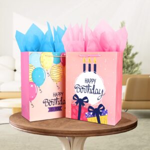 Gift Bag Birthday Gift Bags Set,2Pack Large Gift Bag for Girls Women Female Her,Pink Gift Bags with Tissue Paper,Paper Gift Bags with Handles,Big Gift Bags Birthday Gift Wrap Bag,Happy Birthday Gift Bags Party Gift Bags for Present Bags Birthday Bags