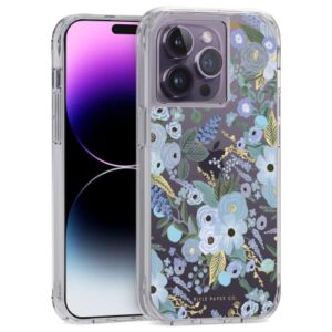 rifle paper co. iphone 14 pro case [works with wireless charger] [10ft drop protection] cute iphone case 6.1" with floral pattern, anti-scratch tech, shockproof material, slim - garden party blue