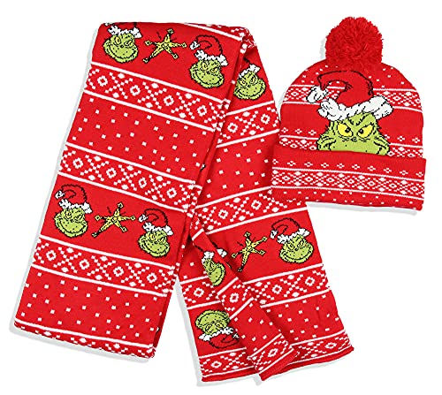 Dr. Seuss The Grinch Who Stole Christmas Knit Scarf & Pom Beanie Set