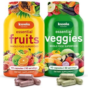 kwala nutrition fruit and vegetable supplements to boost energy balance - premium whole food fruits and veggies from nature - 90 fruit, 90 veggie capsules - vitamins, soy free, made in usa - pack of 2
