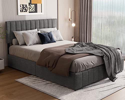 Gizoon Full Bed Frame with 4 Storage Drawers, Upholstered Platform Bed with Drawers and Headboard Adjustable Fits 6” to 12” Mattress, No Box Spring Needed (Dark Grey)