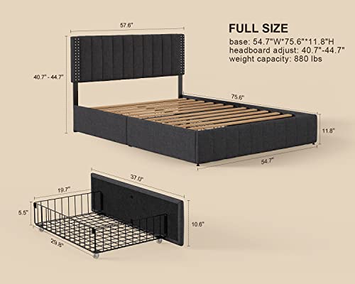 Gizoon Full Bed Frame with 4 Storage Drawers, Upholstered Platform Bed with Drawers and Headboard Adjustable Fits 6” to 12” Mattress, No Box Spring Needed (Dark Grey)