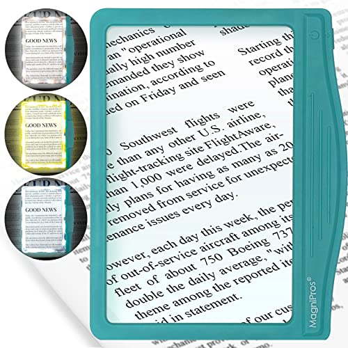 MagniPros 5X Large Ultra Bright LED Page Magnifier with Anti-Glare & Dimmable LEDs (3 Lighting Modes to Relieve Eye Strain)-Ideal for Reading Small Fonts & Low Vision Seniors with Aging Eyes