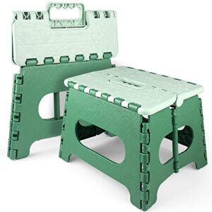 dedu folding step stool kids and adults 2 pack 9 inch, non-slip collapsible stepping stools for kids 165 lbs capacity, plastic foldable step stools heavy duty portable great for bathroom (green)