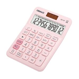 pocket small size desk calculator, 12 digit large lcd display, basic tax function handheld desktop calculator with solar battery dual power, perfect for office, school, business os-12t (pink)