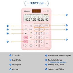 Pocket Small Size Desk Calculator, 12 Digit Large LCD Display, Basic Tax Function Handheld Desktop Calculator with Solar Battery Dual Power, Perfect for Office, School, Business OS-12T (Pink)