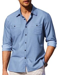 coofandy mens casual dress shirts slim fit button down shirt with two chest pockets light blue