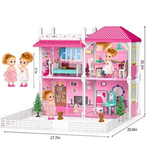 TEMI Dream Doll House Girls Toys - 2-Story 4 Rooms Playhouse with 2 Dolls Toy Figures, Fully Furnished Fashion Dollhouse, Pretend Play House with Accessories, Gift Toy for Kids Ages 3 4 5 6 7 8+