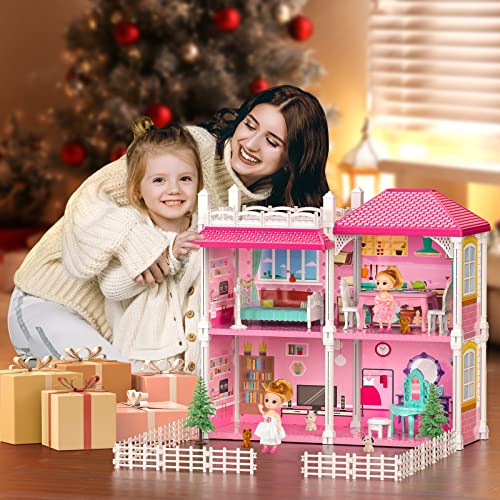 TEMI Dream Doll House Girls Toys - 2-Story 4 Rooms Playhouse with 2 Dolls Toy Figures, Fully Furnished Fashion Dollhouse, Pretend Play House with Accessories, Gift Toy for Kids Ages 3 4 5 6 7 8+