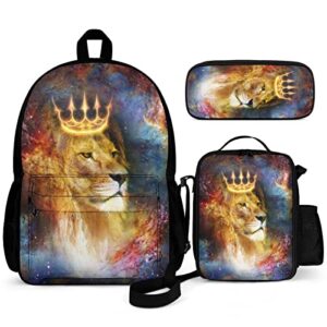 kiuloam galaxy lion king kids backpack set 3 piece back to school 16 inch book bag with lunch bag pencil case for boys girls 1-6th grade