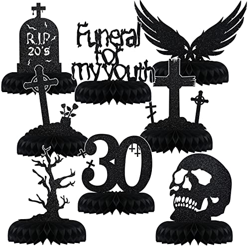 8 Pack Rip 20s Birthday Decorations 30th Birthday Party Decorations Death to My Twenties Honeycomb Centerpieces Gothic Table Centerpieces Black Glitter Funeral 30th Birthday Party Supplies Men Women