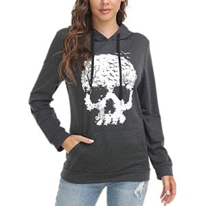 calvin&sally women's casual lightweight hoodies long sleeve skull graphic tee shirts drawstring pullover hoodie sweatshirts tops with pocket (grey,xl)