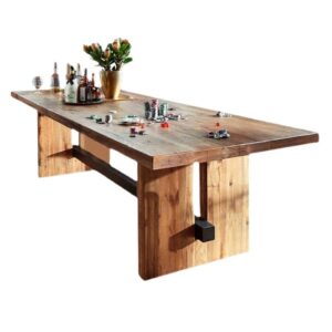 LAKIQ Farmhouse Solid Wood Brown Dining Table Minimalist Rectangle Kitchen Dining Table with Trestle Base Conference Table Desk for Dining Room Living Room-Table Only (55.1" L x 27.6" W x 29.5" H)