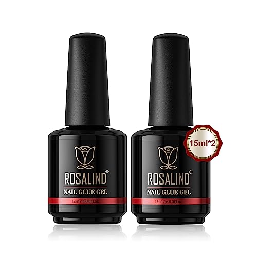 ROSALIND 2PCS Nail Glue Gel for Nail Tips, Super Strong Fake Nails Nail Glue Gel for Easy and Fast Nail Extension Gel Brush on Nail Glue, Adhesive Bond for Press on Nails 15ML Curing Needed