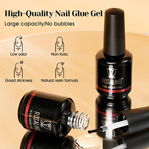 ROSALIND 2PCS Nail Glue Gel for Nail Tips, Super Strong Fake Nails Nail Glue Gel for Easy and Fast Nail Extension Gel Brush on Nail Glue, Adhesive Bond for Press on Nails 15ML Curing Needed