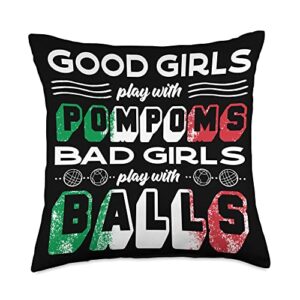 boules - lawn bowls bocce ball sports designs ball boules female bocce player throw pillow, 18x18, multicolor