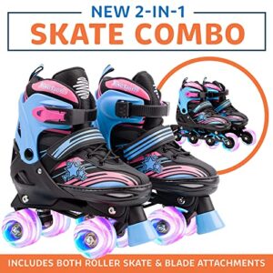 Xino Sports 2 in 1 Combo, Kids Roller Skates and Roller Blades - Interchangeable Light Up Skates for Kids Ages 6-12 with LED Wheel Lights, Inline Skates for Girls & Boys, Adjustable Roller Blades