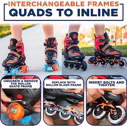 Xino Sports 2 in 1 Combo, Kids Roller Skates and Roller Blades - Interchangeable Light Up Skates for Kids Ages 6-12 with LED Wheel Lights, Inline Skates for Girls & Boys, Adjustable Roller Blades