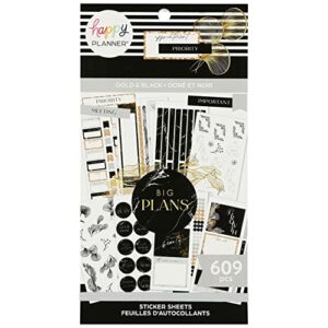 the happy planner sticker pack for calendars, journals and projects –multi-color, easy peel – scrapbook accessories –gold & black theme – 30 sheets, 609 stickers total