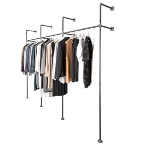 pipe decor wall and floor mounted modular clothing rack, 115 in. w x 87.5 in. h, black steel pipe, fittings and flanges, industrial design and look for home, retail or commercial use