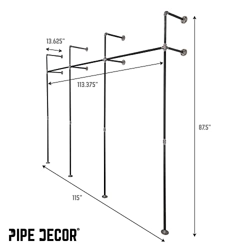 PIPE DECOR Wall and Floor Mounted Modular Clothing Rack, 115 in. W x 87.5 in. H, Black Steel Pipe, Fittings and Flanges, Industrial Design and Look for Home, Retail or Commercial Use