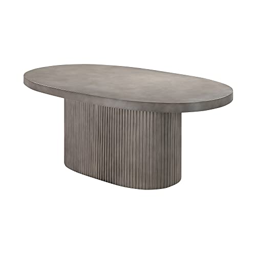 Armen Living Wave Indoor Outdoor Modern Oval Fluted Pedestal Dining Table, Grey Brushed Concrete