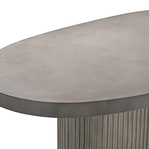 Armen Living Wave Indoor Outdoor Modern Oval Fluted Pedestal Dining Table, Grey Brushed Concrete