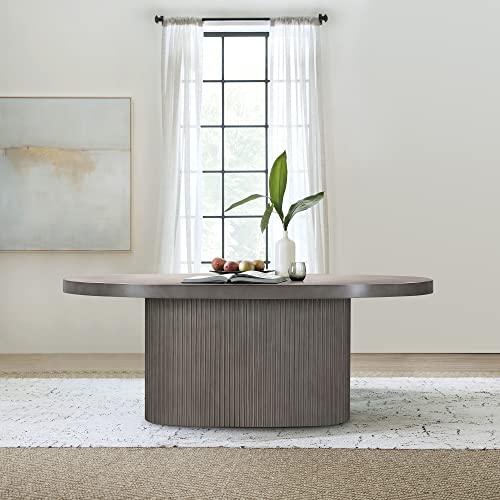 Armen Living Wave Indoor Outdoor Modern Oval Fluted Pedestal Dining Table, Grey Brushed Concrete