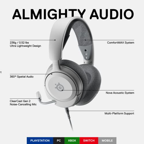 SteelSeries Arctis Nova 1P Multi-System Gaming Headset — Hi-Fi Drivers — 360° Spatial Audio — Comfort Design — Durable — Lightweight — Noise-Cancelling Mic — PS5/PS4, PC, Xbox, Switch - White