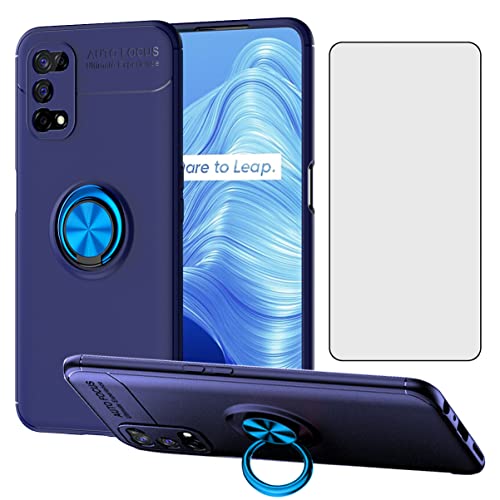 Asuwish Phone Case for Oppo Realme 7 Pro with Tempered Glass Screen Protector Cover and Cell Accessories Stand Kickstand Ring Holder Soft TPU Silicone Rubber Protective Realme7 7Pro Women Men Blue