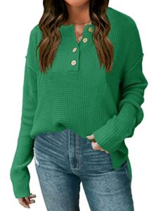 zesica women's 2023 casual v neck sweater loose long sleeve waffle knit button henley pullover jumper top,green,small