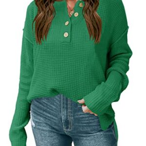 ZESICA Women's 2023 Casual V Neck Sweater Loose Long Sleeve Waffle Knit Button Henley Pullover Jumper Top,Green,Small