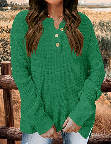 ZESICA Women's 2023 Casual V Neck Sweater Loose Long Sleeve Waffle Knit Button Henley Pullover Jumper Top,Green,Small